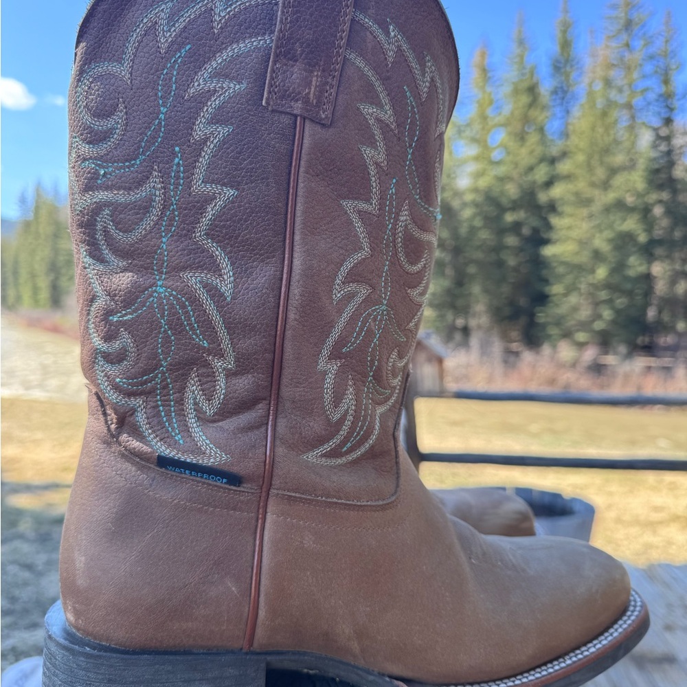Brown Western Waterproof Cowboy Boots with Turquoise Stitching